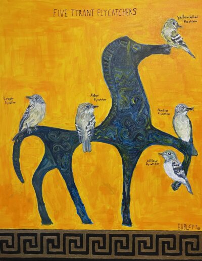 FIVE TYRANT FLYCATCHERS, 20x20x1.5 acrylic on canvas, sold.