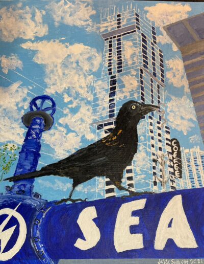Austin Grackle at the Independent 16×20 acrylic on canvas. Sold