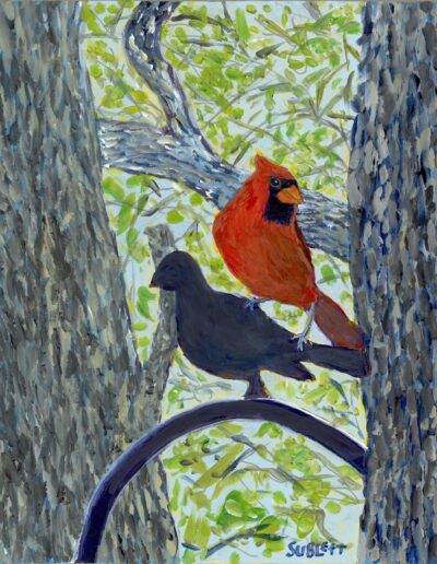 “Cardinal, May 2026,” acrylic on panel, 12×12, SOLD.