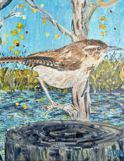 “Carolina Wren Hop,” 12x12x1.5 acrylic on canvas, sold.