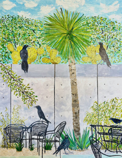 “Coffee with Grackles (Bennue @S. Congress & Riverside)” 48×36 acrylic on canvas, sold.