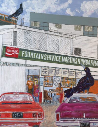 “Dirty Martin’s Kum Bak Place with Grackles,” acrylic on wood, 16x16x2, sold.