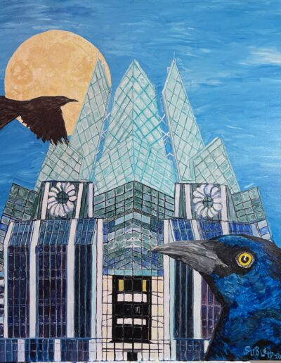 Frost Tower Grackles, 36×36 acrylic on canvas, SOLD