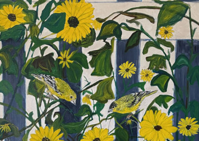 “Goldfinches & Sunflowers,” 36x36x1.5 acrylic on canvas, $975