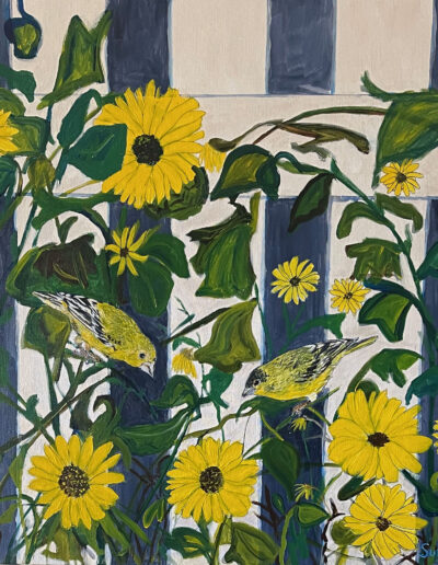 “Goldfinches & Sunflowers,” 36x36x1.5 acrylic on canvas, $975