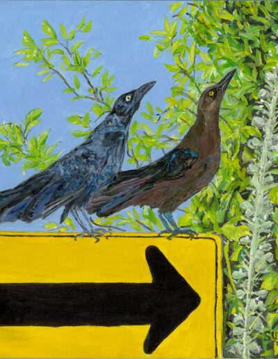 “Grackles @ Red Bluff Dead End,” acrylic on panel, 12×12, sold.