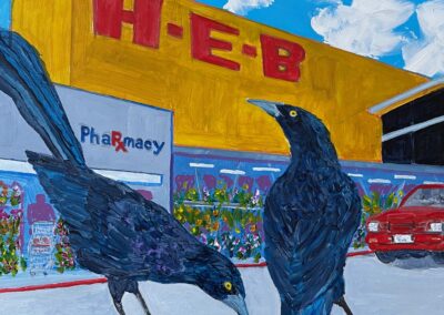 “H-E-B Grackles No. 2,” acrylic on birch panel, sold.