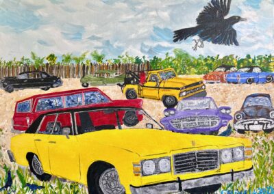 Heist Car, 1975 Black Over Yellow Ford LTD, 20×16 acrylic on canvas, SOLD