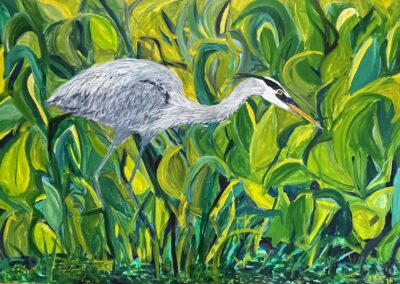 HERON STALKING MUELLER GREENWAY EAST, acrylic on canvas, 24x36x2, $1,000