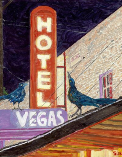 “Hotel Vegas Grackles,” acrylic on wood, 16x16x2, Sold.