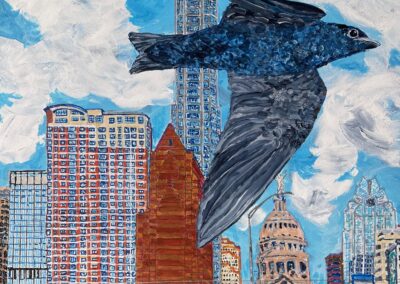 “Purple Martin Over Austin,” 12×12 acrylic, birch panel, sold