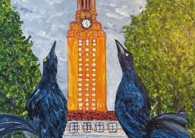 “Eclipse UT Tower Grackles” 12×12 acrylic, birch panel, sold