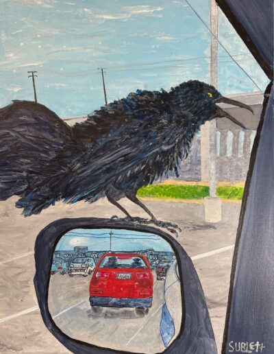 “Grackle Road Rage Incident,” 18×24 acrylic on canvasboard, sold.