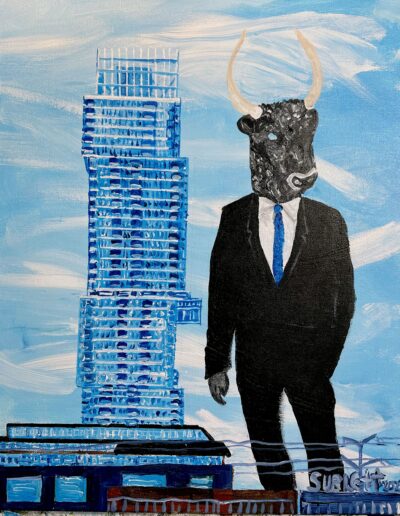 Minotaur at Jenga Tower (Downtown Austin), 16×20 acrylic on canvas. SOLD.