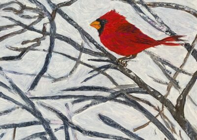 CARDINAL IN WINTER 2025, 12×12 acrylic on birch panel, sold