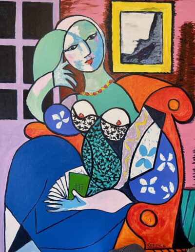 “WOMAN WITH A BIRD BOOK,” 30x24x1.5 acrylic on canvas, Sold.