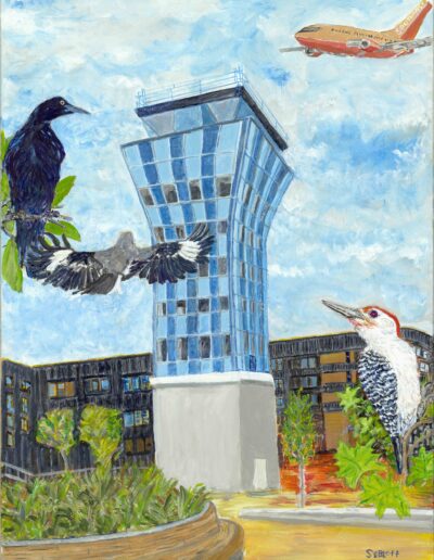 “MUELLER TOWER + BIRDS,” acrylic on canvas 24x18x1.5, $1,250.