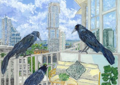 “Austin Penthouse Grackles,” acrylic on wood, 16x16x2, $1,250.