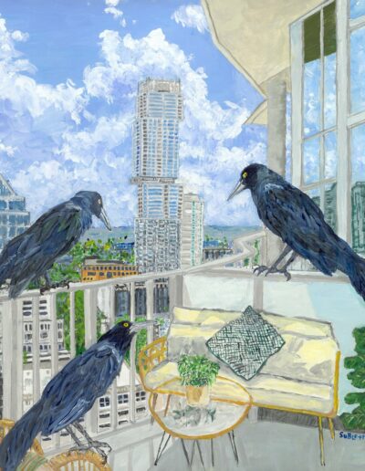 “Austin Penthouse Grackles,” acrylic on wood, 16x16x2, $1,250.