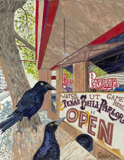 “Texas Chili Parlor Grackles (The Wait List),” 20×16 acrylic on canvas, sold. Prints available.
