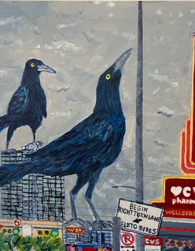 “Varsity Grackles,” 12×12 acrylic on birch panel, sold.