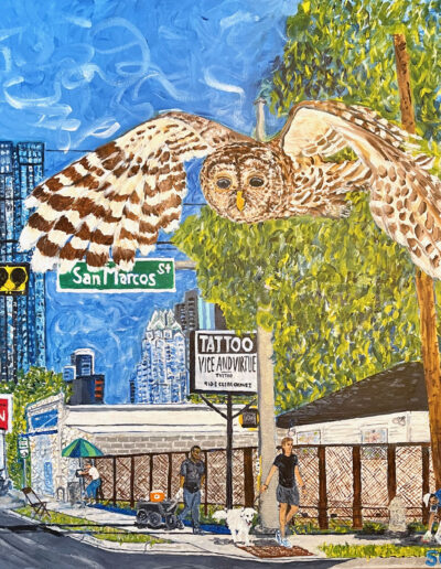 Vice & Virtue (Barred Owl @Cesar Chavez & San Marcos), 24×24, sold.