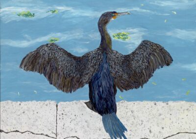 “Cormorant @ Barton Springs,” acrylic on wood, 16×20, $725