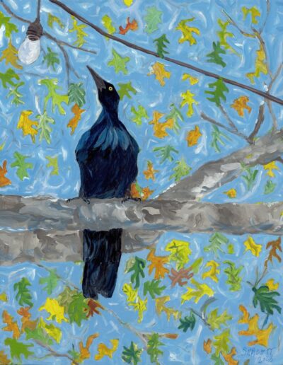 “Cosmic Grackle,” acrylic on wood, 20x16x2, $800