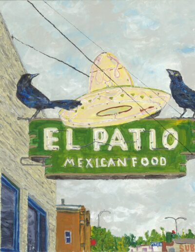 “Dos Grackles El Patio,” acrylic on panel, 12×12, Sold.